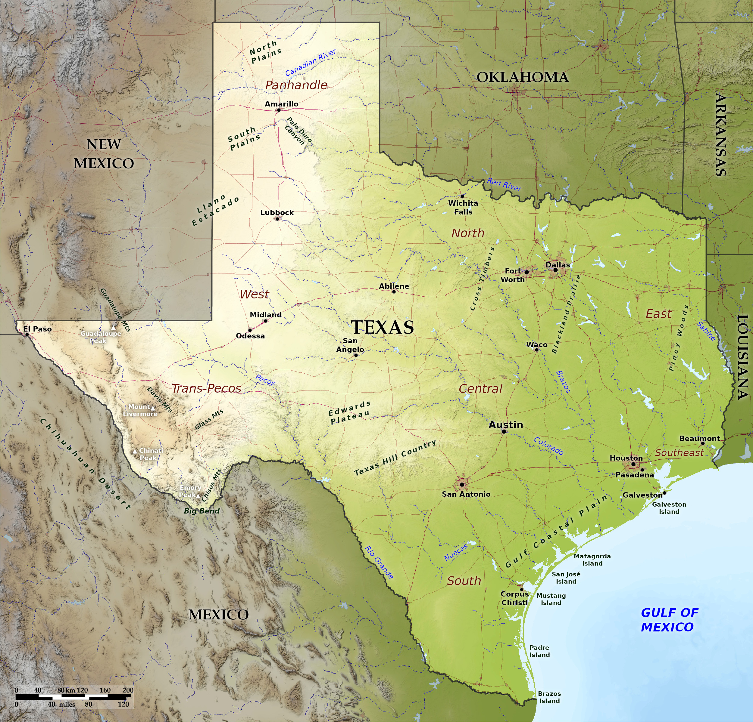 Blue Green Atlas - Free relief map of USA - Texas