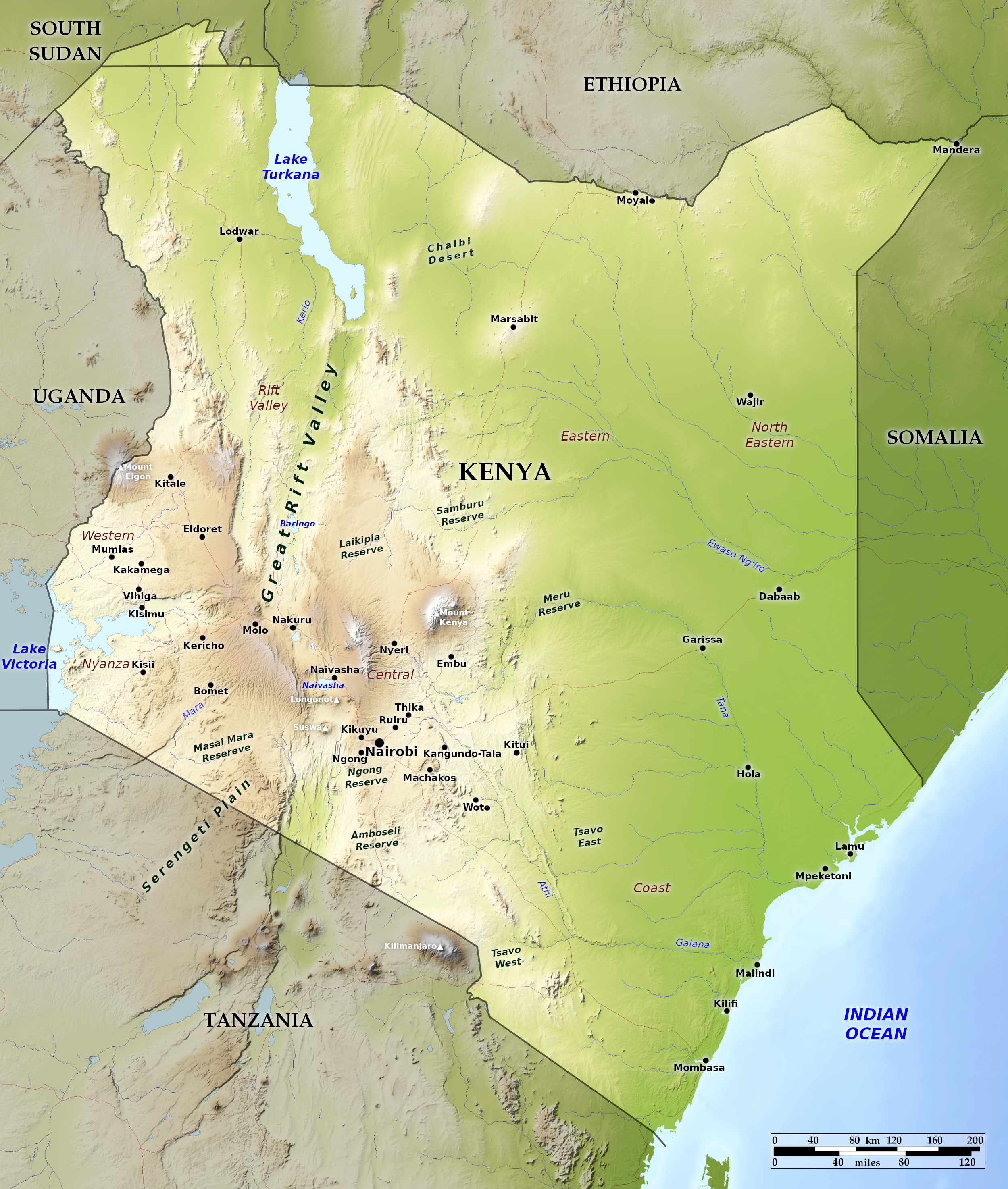 Blue Green Atlas - Free relief map of Kenya